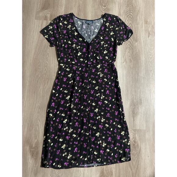 ModCloth Destined to Delight A-Line Dress, black purple white Floral. Size 4 - Picture 1 of 6
